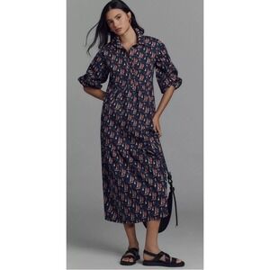 Anthropologie x Maeve The Bettina Tiered Shirt Dress Navy Sailboat Midi